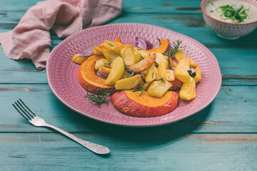 Kürbis mit Kartoffeln geröstet