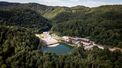 Fototapeta na wymiar Aerial view of Hodrusske lake in Hodrusa-Hamre village in Slovakia