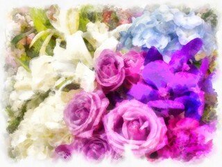 bouquet of flowers watercolor style illustration impressionist painting.