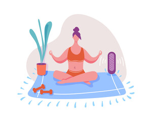 Woman doing yoga at home, calm meditation. Vector illustration of yoga meditation, woman exercise lifestyle for keep calm and relaxed at home