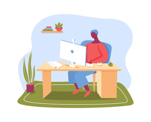 Freelance worker work from home, remotely job. Vector freelance worker at workplace, remote online employee, character sitting at work on distance illustration