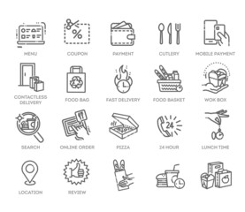 Food delivery - thin line web icon set. Outline icons collection