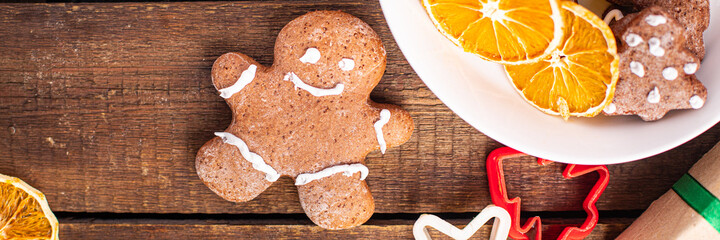 gingerbread cookie christmas new year treat sweet dessert gingerbread man ginge meal snack on the table copy space food background rustic