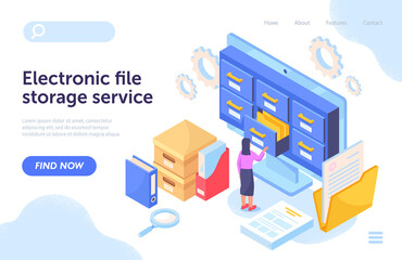 File storage concept. Girl works in archive. Analysis of statistics, information storage. Servers, cabinet full od documents, laptop. Cartoon flat vector illustration isolated on white background