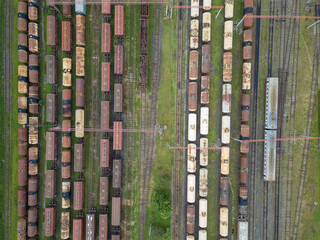 Drone view of railway trains in Batumi on a summer day, top view