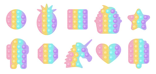 Set of 10 forms pop it a fashionable silicon toys for fidgets. Addictive anti-stress toy in pastel colors. Bubble sensory developing popit for kids. Vector illustration isolated on a white background.