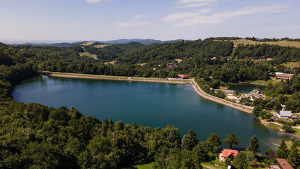 Aerial view of Vindsachtske lake in the village of Stiavnicke Bane in Slovakia