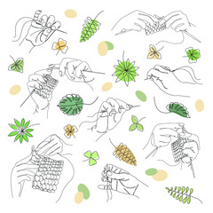 Collection. Silhouettes of a human hand that knits and sews with a needle and thread in a modern style in one line. Solid line, sketches, posters, stickers, logo. Set of vector illustrations.