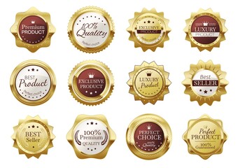 Golden badges, premium quality emblems, luxury seal labels. Realistic gold medal badge, vintage elegant product stamp labels Vector set. Exclusive product, best seller icons for store