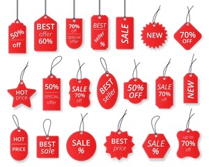 Realistic red sale labels, discount price tags mockups. Paper gift label with rope, promotional sales hanging tag vector template set. Retail product sticker elements with deal, hot price