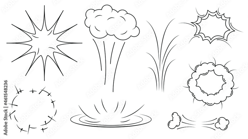 Poster set black simple line explosion bang smoke collection doodle elements vector design style sketch iso