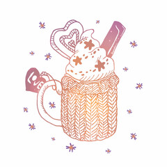 Vector abstract isolated illustration with a cup of warm coffee with whipped cream. Concept winter, comfort, romance, celebration, Christmas, new year. It can be used in web design, banners, etc.