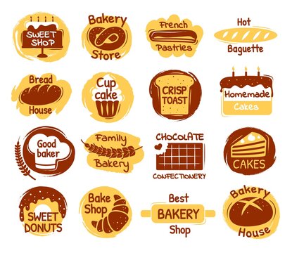 Bakery lettering logo, pastry or cupcake signs, labels. Bake shop logotype with hand drawn elements bread, croissant, pretzel, cake vector set. Chocolate confectionery and sweet donuts