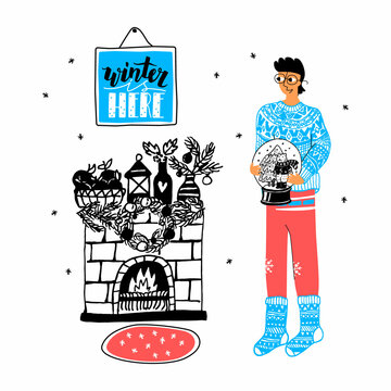Vector flat, linear illustration with a young man holding ball with a Christmas tree, bear. There is also fireplace decorated festive toys, decorative snowflakes, picture of lettering winter is here.