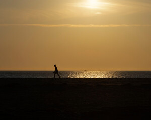 Naklejka na ściany i meble silhouette of a person walking on the beach