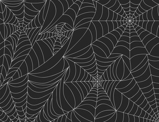 Halloween spider web background, scary cobweb decoration elements. Spooky spider webs silhouette, horror theme party vector backdrop. Sticky hanging net for gothic fearful holiday event - obrazy, fototapety, plakaty