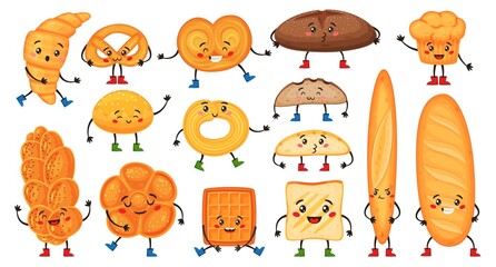 Cute cartoon bread characters with happy faces. Funny croissant, muffin, baguette, pretzel and toast. Bakery mascot character vector set. Fresh snack for morning breakfast with cheerful expression