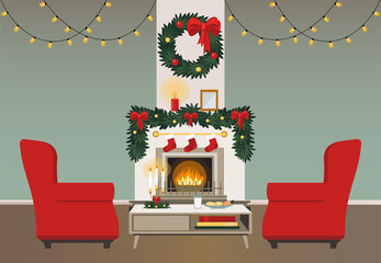 Christmas interior. Bright room with fireplace, decorated with a Christmas wreath, light garlands, pine garland. Coffee table with milk and cookies for Santa Claus. Vector illustration in flat style