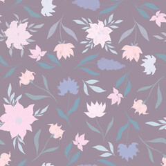 Delicate pink and purple flowers. Seamless digital pattern. Stylized plants. I