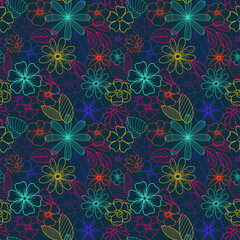 The contours of the flowers. Bright print with neon colors. Seamless pattern on a dark background. Stylized plants.