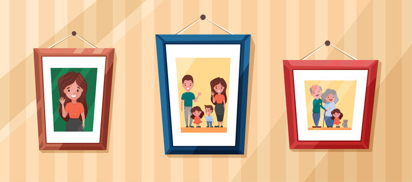 Family photos with Parents and kids portrait in frames. Memory pictures with grandparents, children and pets. Vector cartoon illustration
