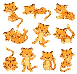 Cartoon cute tigers, happy little tiger cubs. Adorable baby tiger sleeping or playing, wild cats animal characters in various poses vector set. Jungle wildlife feline isolated on white
