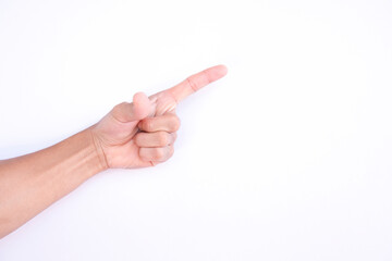 Close-up of man's hand pointing.