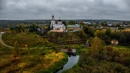 Sergiev Posad, Russia - 25 September 2021: The Church of the Transfiguration of the Lord in the village of Radonezh from a bird's eye view