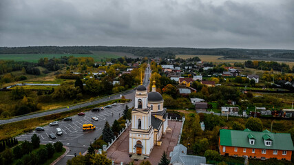 Fototapeta na wymiar Sergiev Posad, Russia - 25 September 2021: The Church of the Transfiguration of the Lord in the village of Radonezh from a bird's eye view