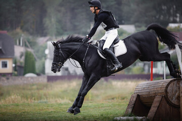 portrait of black horse with man rider jumping over obstacle during eventing cross country...