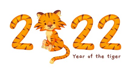 Year of the tiger 2022 template, chinese new year symbol. Cute baby wild cat animal character with orange striped numbers vector illustration. Happy little wildcat cub for greeting card
