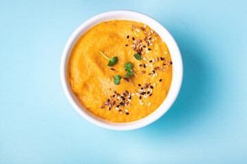 pumpkin soup puree fresh meal snack on the table copy space food background 