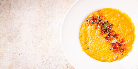pumpkin soup puree fresh meal snack on the table copy space food background 