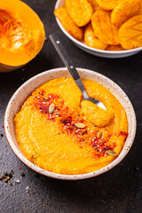 pumpkin soup puree fresh meal snack on the table copy space food background 