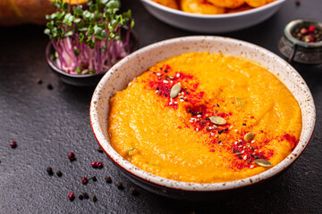pumpkin soup puree fresh meal snack on the table copy space food background 