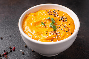 pumpkin soup puree fresh meal snack on the table copy space food background 