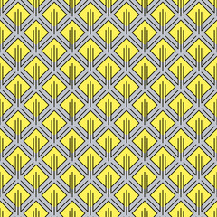 Abstract geometric pattern with yellow rhombuses and other curly elements. Seamless background, simple contour ornament.