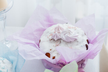 Beautiful Easter cakes on a decorated light table. A light holiday of Easter.