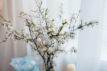 Beautiful Easter cakes on a decorated light table. A light holiday of Easter.