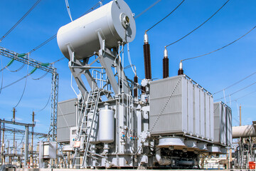 Powerful power transformer for industrial high voltage substation. Energy enterprise.