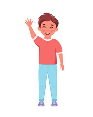 Little boy smiling and waving hand. School boy, elementary school student. Vector illustration