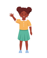 Black girl smiling and waving hand. Elementary school student. Vector illustration