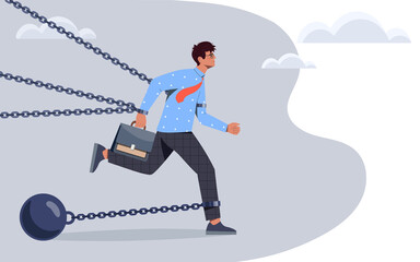 Overcoming obstacles to succeed in business. Man runs forward despite problems. Character moving up career ladder. Chains hold employee. Cartoon flat vector illustration isolated on white background