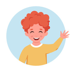 Little boy smiling and waving hand. Little boy portrait in circular shape. Elementary school student. Vector illustration