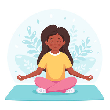 Girl meditating in lotus pose. Gymnastic, yoga and meditation for children. Vector illustration