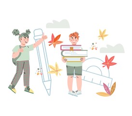 Back to school concept with schoolboy and girl. Schoolchildren for kids learning and  school education, online lessons, cartoon flat vector illustration isolated on white background.