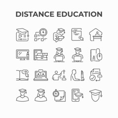Distance education icon design. Online lesson by video conference, studying at home during pandemic vector icons. Home quarantine distance learning, e-learning online courses, online education, busine