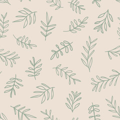 Leaf outlines seamless repeat pattern on beige background. Sage green, random placed, botany branches all over surface print.