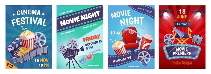Cartoon cinema poster template, film festival invitation. Movie night event posters with popcorn, soda, camera, movie premiere flyer vector set. Cinematography equipment for industry - obrazy, fototapety, plakaty