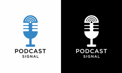 microphone style with connections signal for broadcast, podcast or music icon or logo on a black and white background.